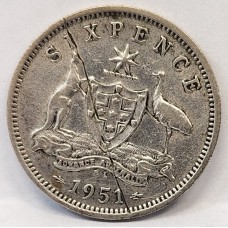 AUSTRALIA 1951 . SIXPENCE . ERROR . MAJOR PLANCET FLAW